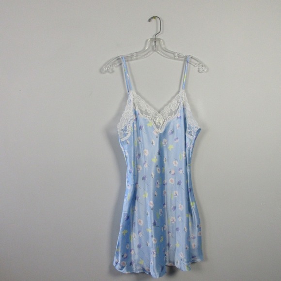 Morgan Taylor Intimates Slip Dress L Blue Satin Lace Trim Floral Lingerie 92 - Picture 1 of 10